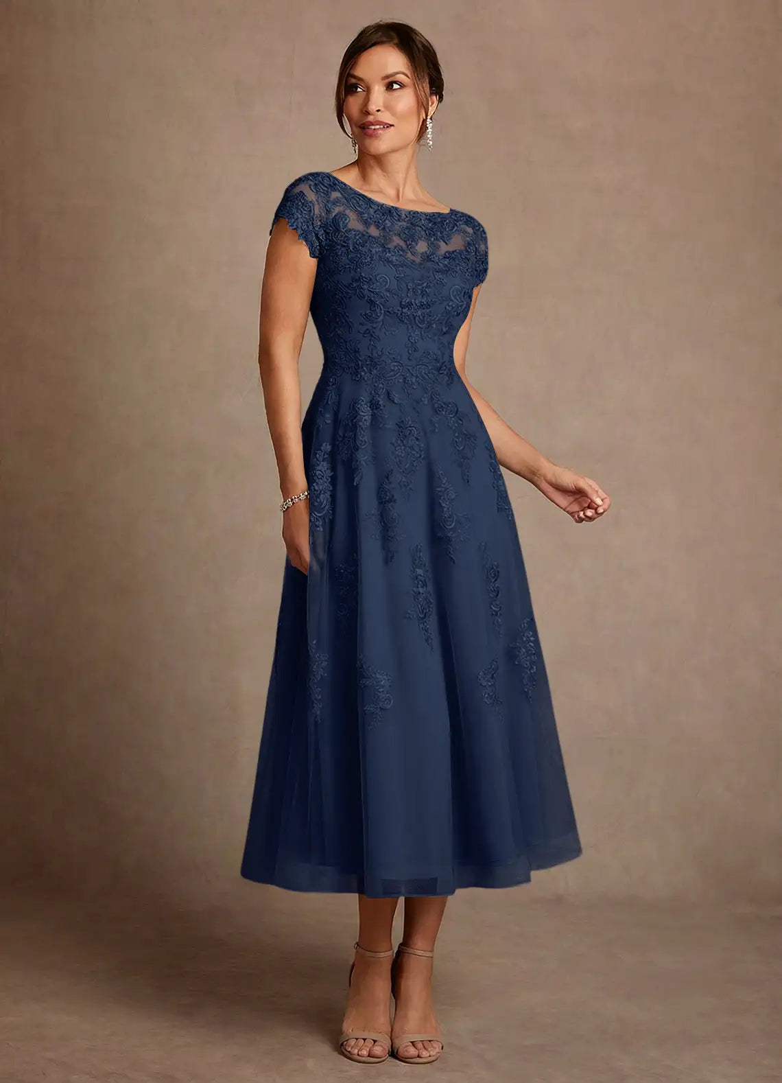 Navy Blue Lace Bateau Neck A-Line Midi Evening Dresses