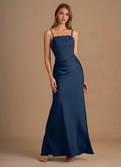 Navy Blue Lace Bodice Spaghetti Strap Mermaid Evening Dresses