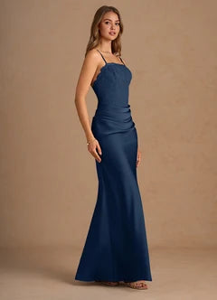 Navy Blue Lace Bodice Spaghetti Strap Mermaid Evening Dresses