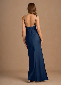 Navy Blue Lace Bodice Spaghetti Strap Mermaid Evening Dresses