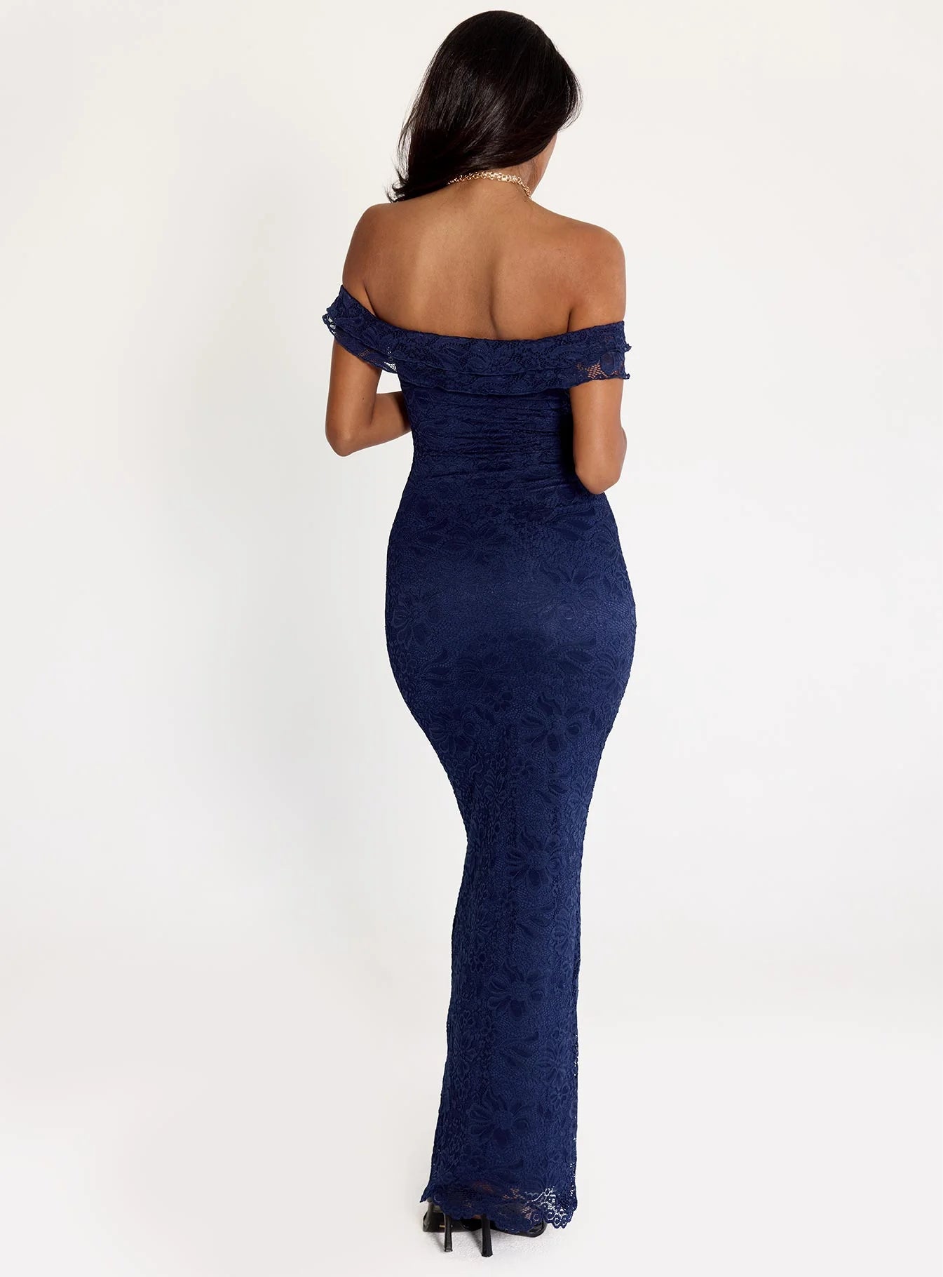 Navy Blue Lace Off-the-Shoulder Bodycon Maxi Evening Dresses