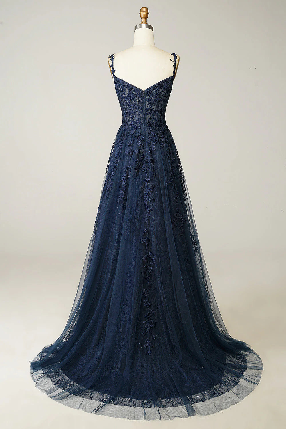 Navy Blue Lace Tulle A-Line Evening Dresses