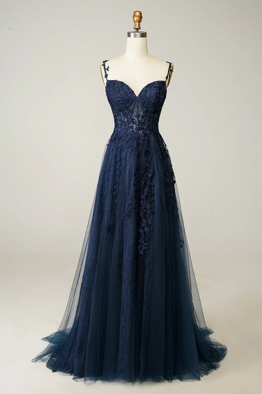 Navy Blue Lace Tulle A-Line Evening Dresses