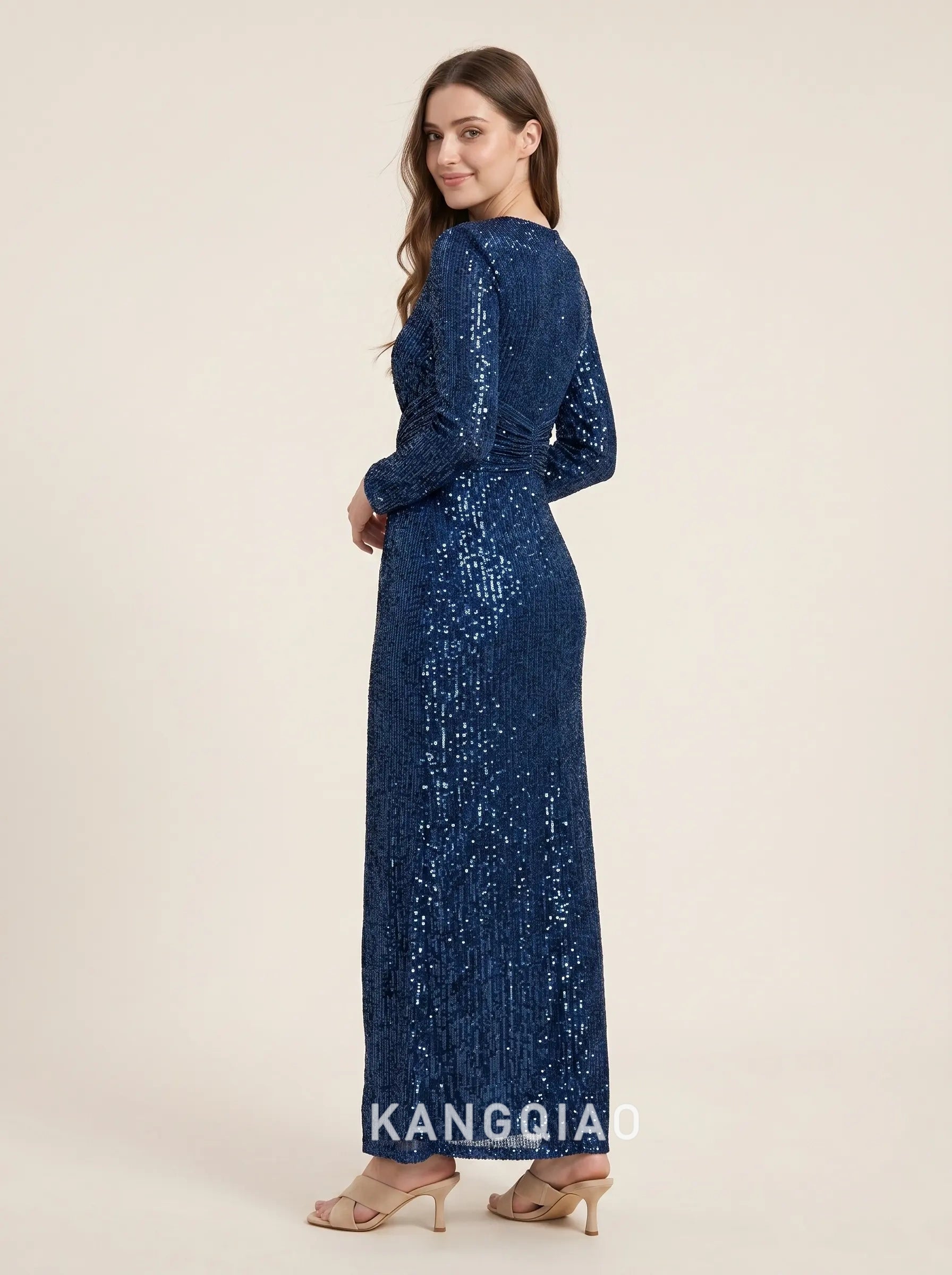 Navy Blue Long Sleeve V Neck Twist Knot Waist Sequin Floor Length Formal Evening Prom Dress