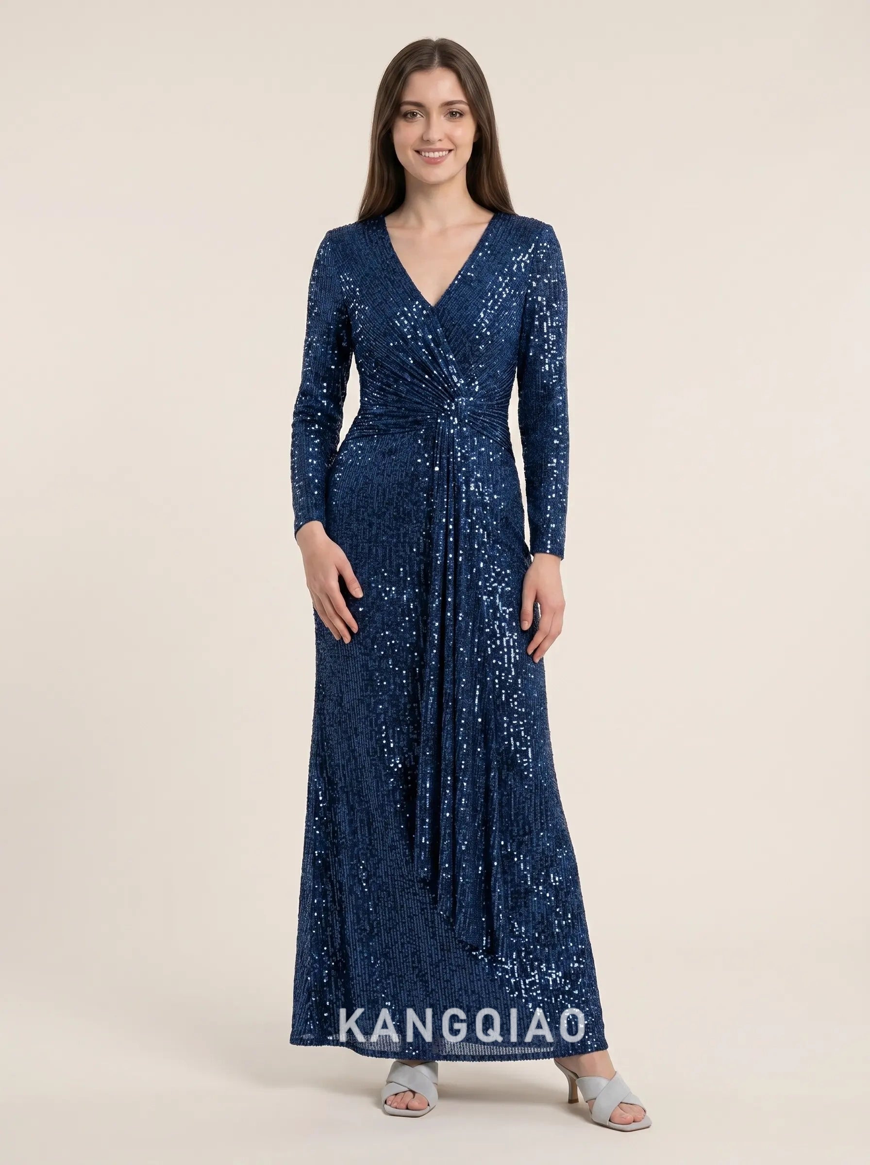 Navy Blue Long Sleeve V Neck Twist Knot Waist Sequin Floor Length Formal Evening Prom Dress