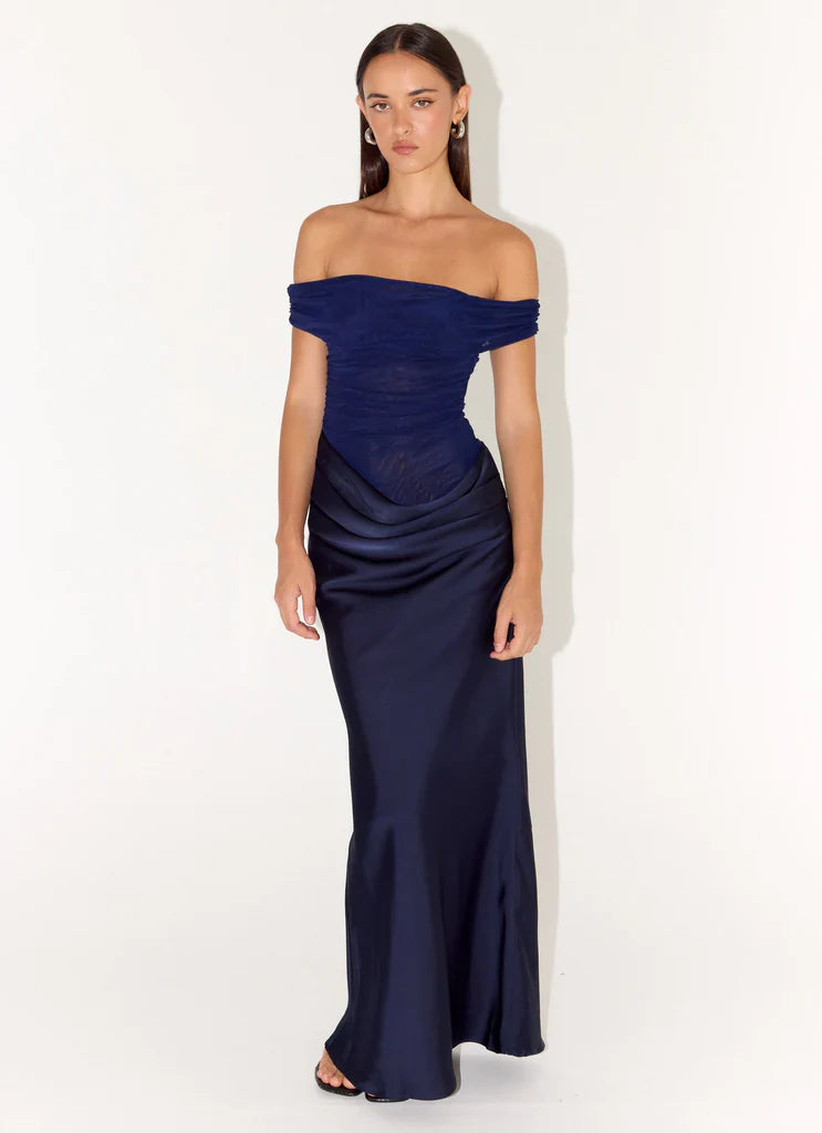 Navy Blue Off The Shoulder Ruched Mesh Satin Maxi Prom Dress for Events