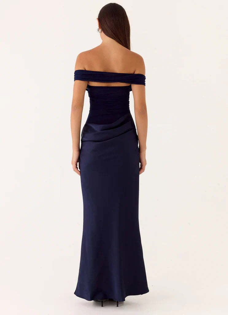 Navy Blue Off The Shoulder Ruched Mesh Satin Maxi Prom Dress for Events