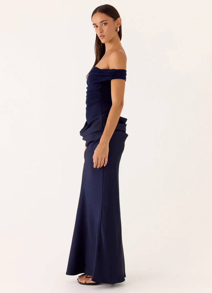 Navy Blue Off The Shoulder Ruched Mesh Satin Maxi Prom Dress for Events