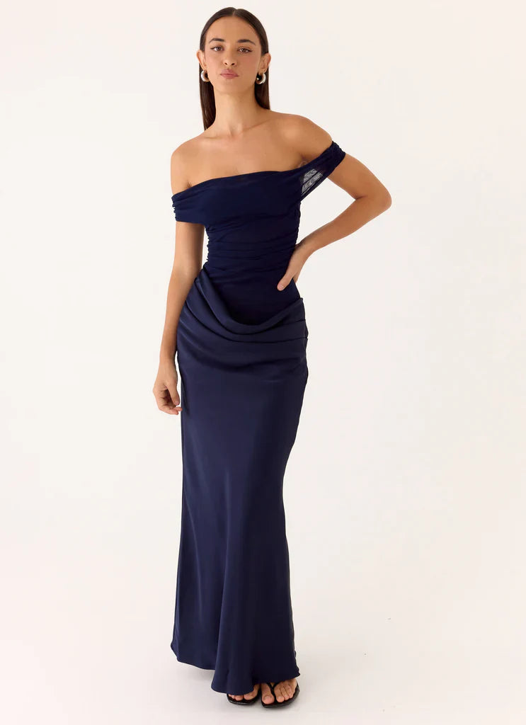 Navy Blue Off The Shoulder Ruched Mesh Satin Maxi Prom Dress for Events