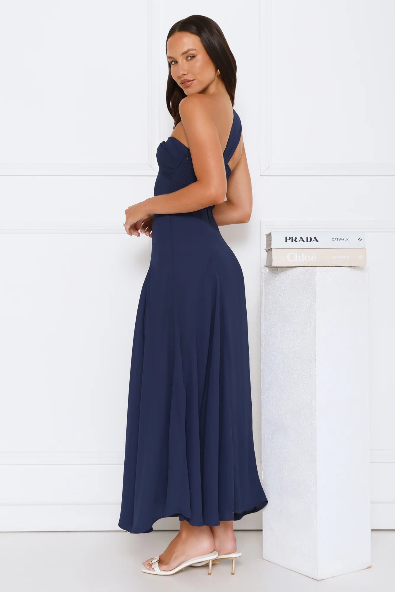 Navy Blue One-Shoulder Cutout Flowy Maxi Evening Dresses