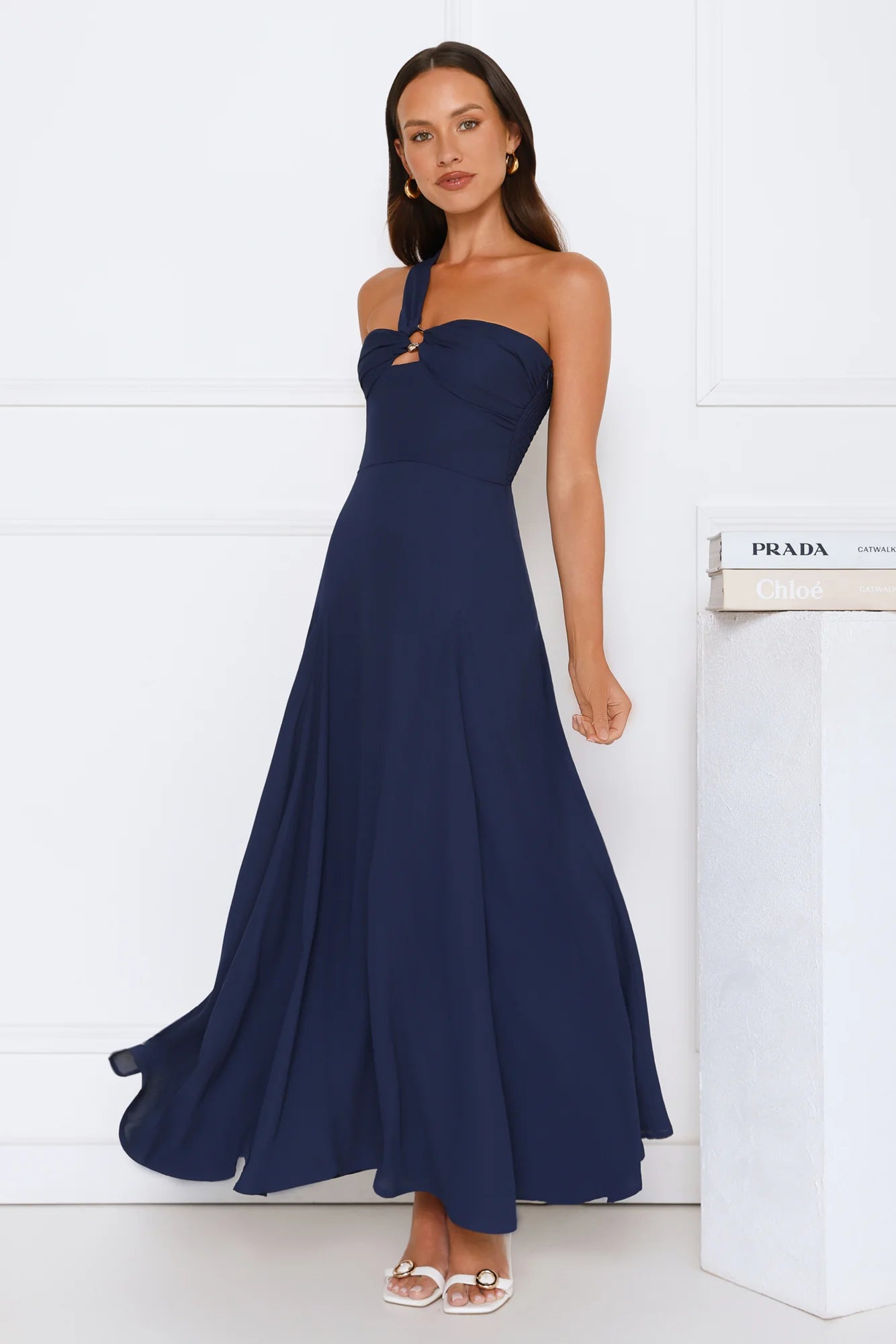 Navy Blue One-Shoulder Cutout Flowy Maxi Evening Dresses