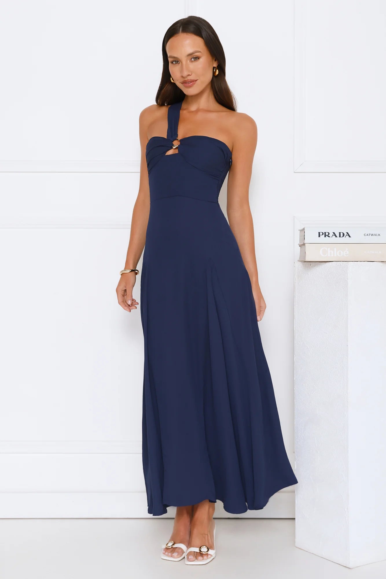 Navy Blue One-Shoulder Cutout Flowy Maxi Evening Dresses
