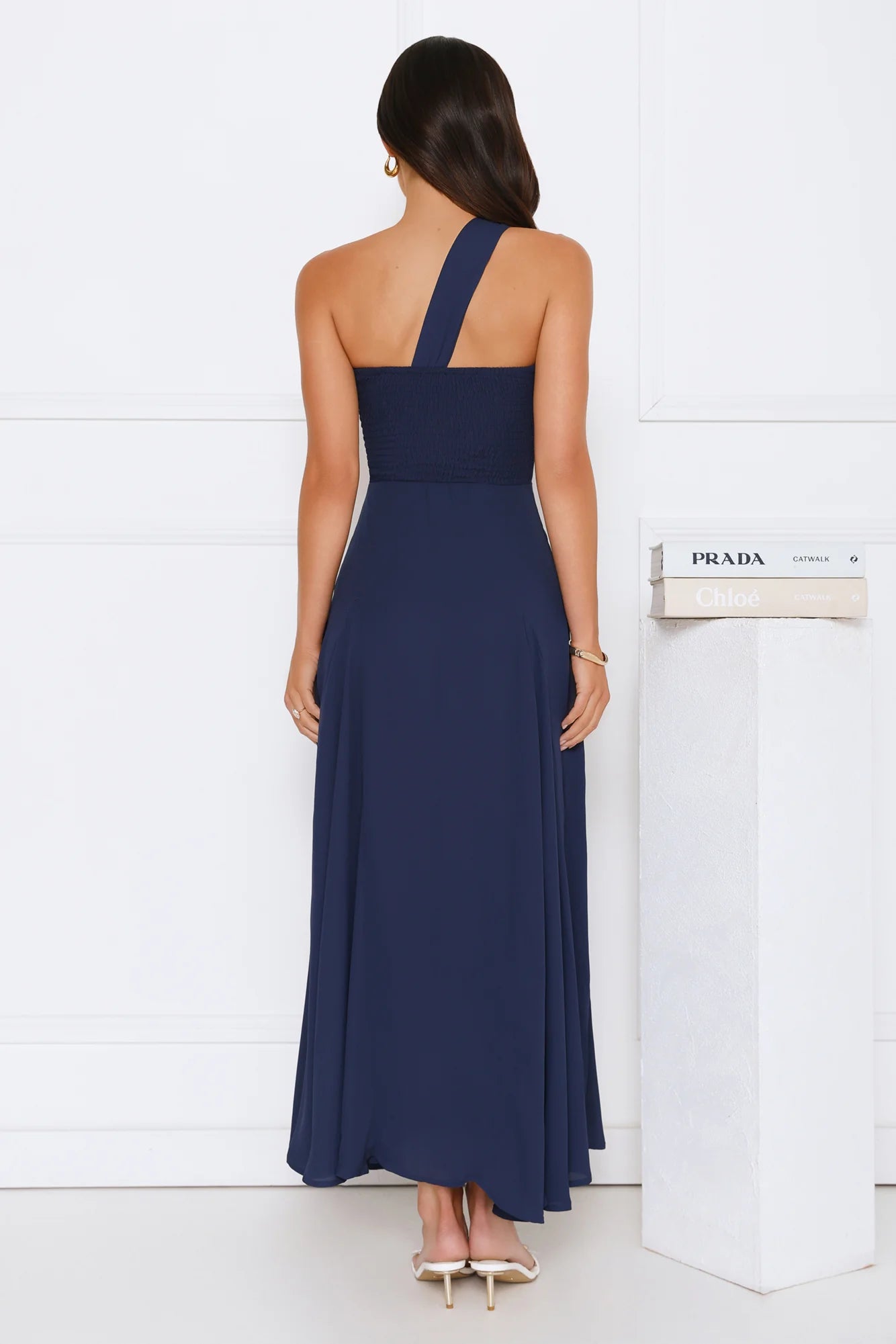 Navy Blue One-Shoulder Cutout Flowy Maxi Evening Dresses
