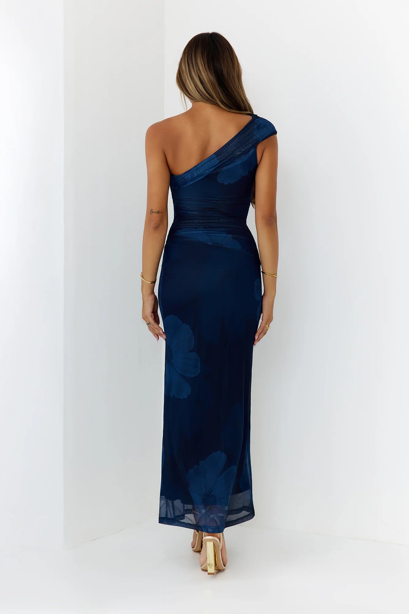 Navy Blue One-Shoulder Floral Mesh Maxi Dresses