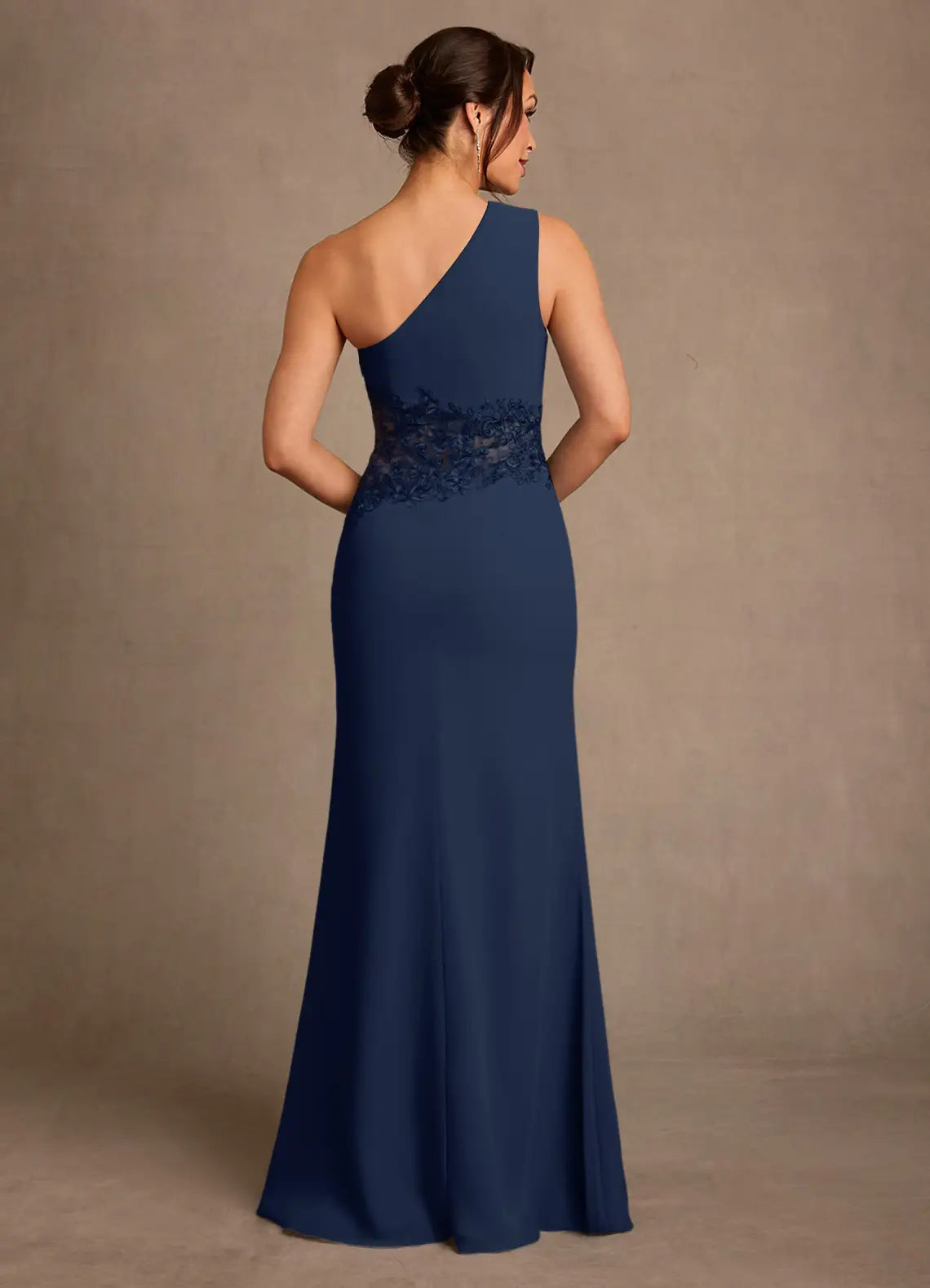 Navy Blue One-Shoulder Lace Waist Insert Mermaid Maxi Evening Dresses