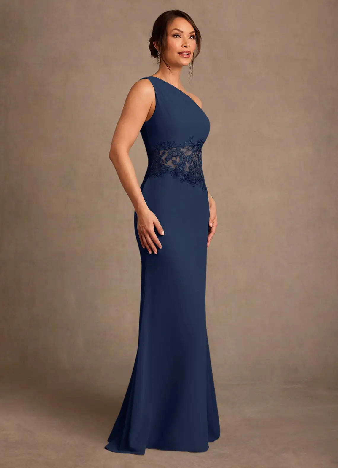 Navy Blue One-Shoulder Lace Waist Insert Mermaid Maxi Evening Dresses