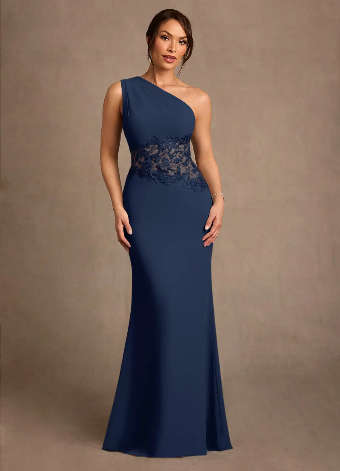 Navy Blue One-Shoulder Lace Waist Insert Mermaid Maxi Evening Dresses