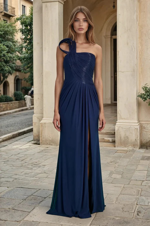 Navy Blue One-Shoulder Pleated Detail Ruched Slit Maxi Evening Dresses
