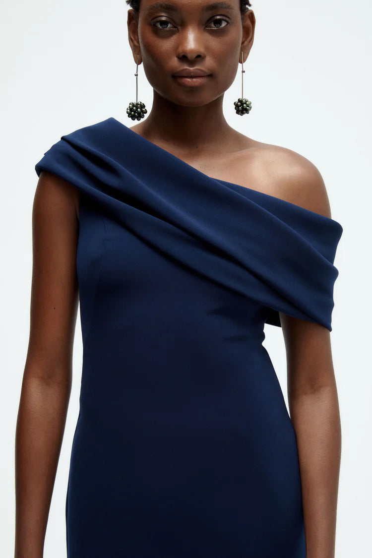 Navy Blue One Shoulder Draped Maxi Evening Dresses