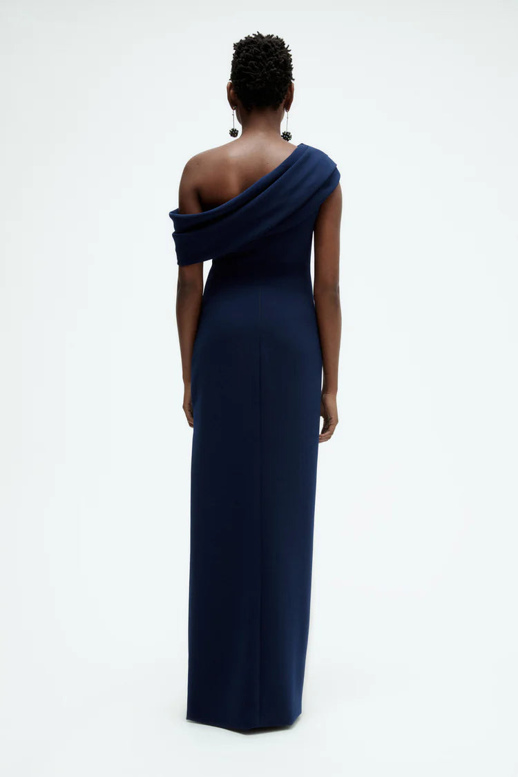 Navy Blue One Shoulder Draped Maxi Evening Dresses