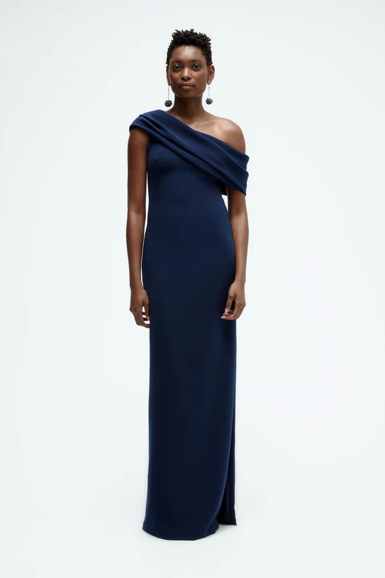 Navy Blue One Shoulder Draped Maxi Evening Dresses