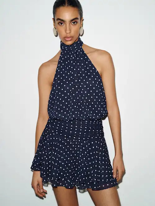 Navy Blue Polka Dot Halter Neck Open Back Ruffled Mini Prom Dress