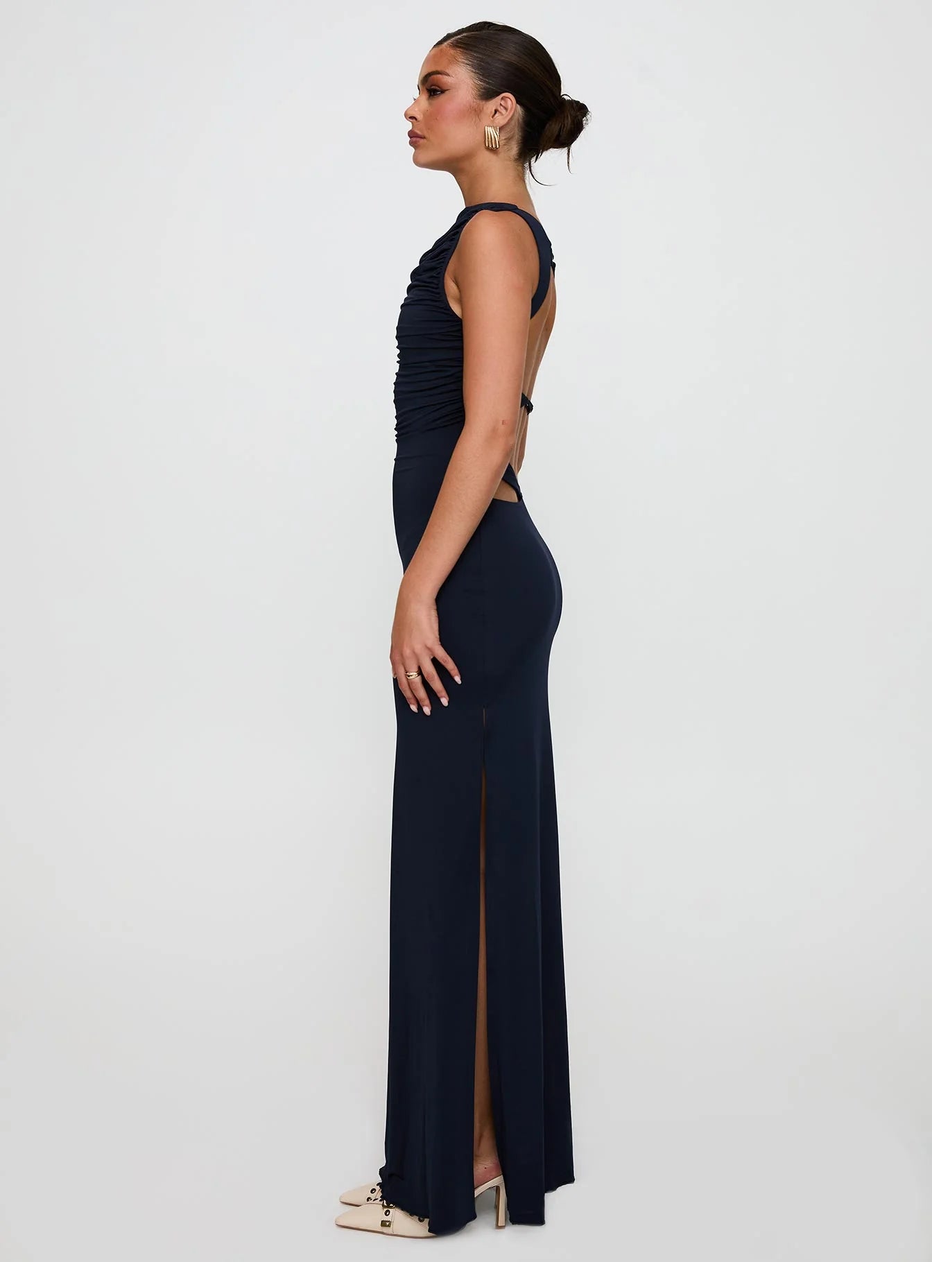 Navy Blue Ruched Cowl Neck Open Back Bodycon Maxi Evening Dresses