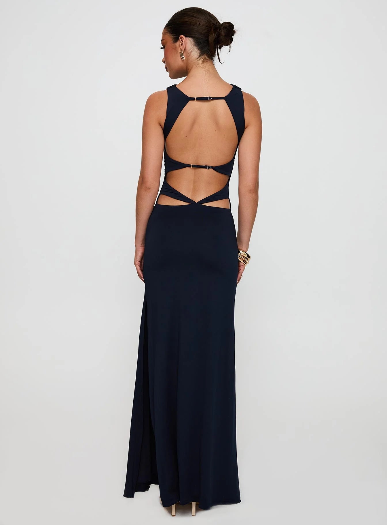 Navy Blue Ruched Cowl Neck Open Back Bodycon Maxi Evening Dresses