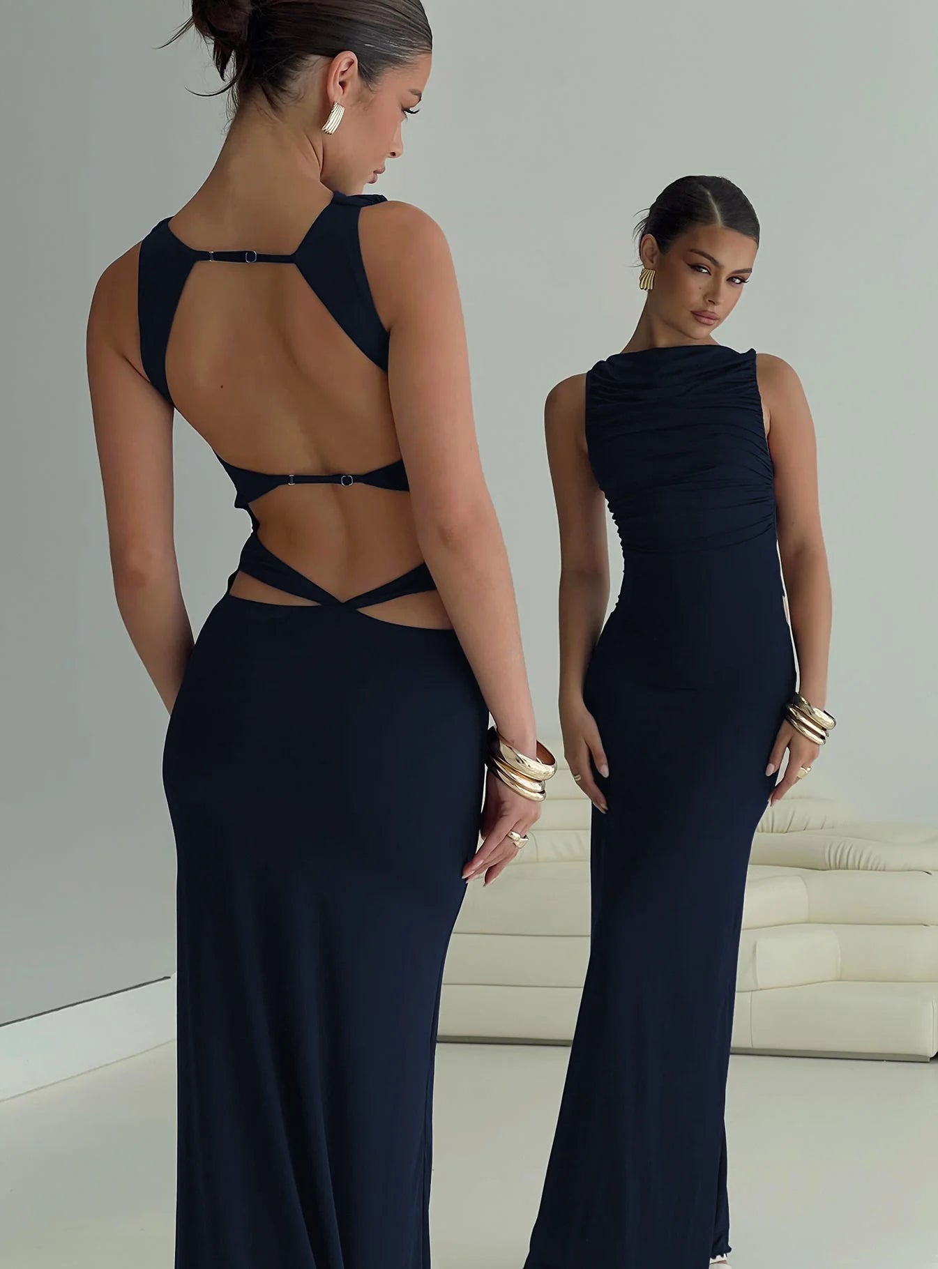 Navy Blue Ruched Cowl Neck Open Back Bodycon Maxi Evening Dresses