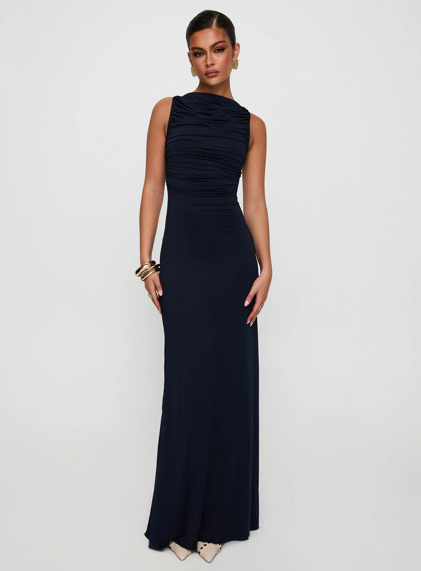 Navy Blue Ruched Cowl Neck Open Back Bodycon Maxi Evening Dresses
