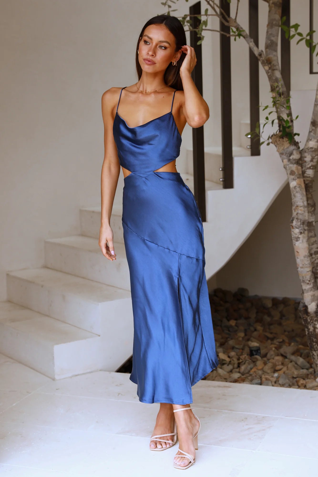 Navy Blue Satin Cowl Neck Cutout Ring Tie Back High Slit Midi Evening Dresses