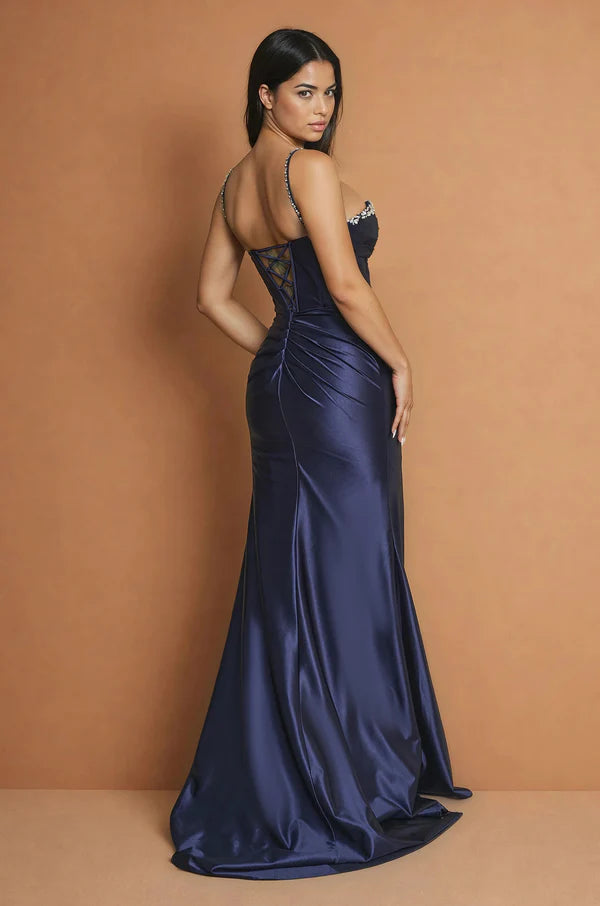 Navy Blue Satin Crystal V-Neck Lace-Up Back Slit Train Mermaid Maxi Evening Dresses