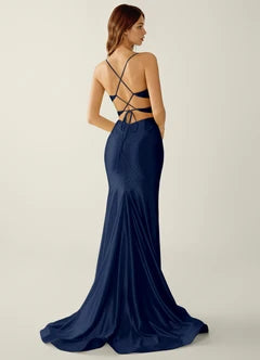 Navy Blue Satin Cutout Lace-Up Back Mermaid Evening Dresses