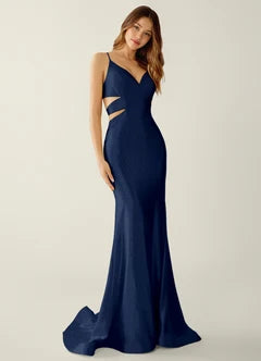 Navy Blue Satin Cutout Lace-Up Back Mermaid Evening Dresses