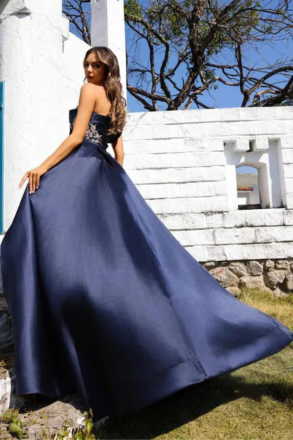 Navy Blue Satin Floral Embroidered Off-Shoulder Train Maxi Evening Dresses