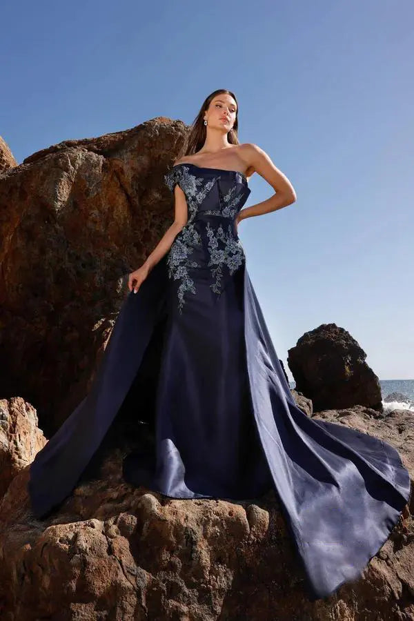 Navy Blue Satin Floral Embroidered Off-Shoulder Train Maxi Evening Dresses