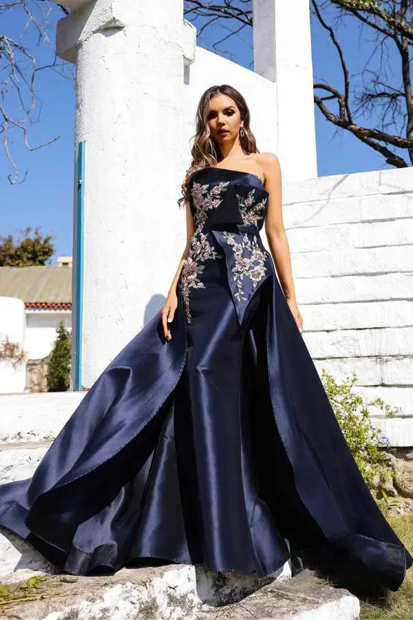 Navy Blue Satin Floral Embroidered Off-Shoulder Train Maxi Evening Dresses