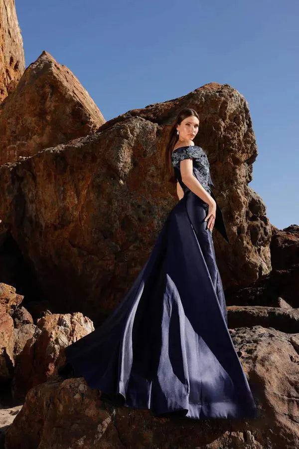 Navy Blue Satin Floral Embroidered Off-Shoulder Train Maxi Evening Dresses