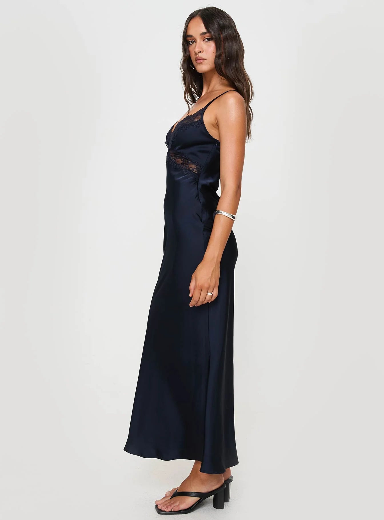 Navy Blue Satin Lace Trim Cross Back Bodycon Maxi Evening Dresses