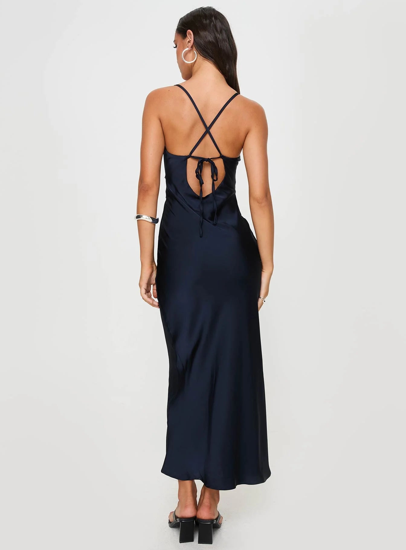 Navy Blue Satin Lace Trim Cross Back Bodycon Maxi Evening Dresses