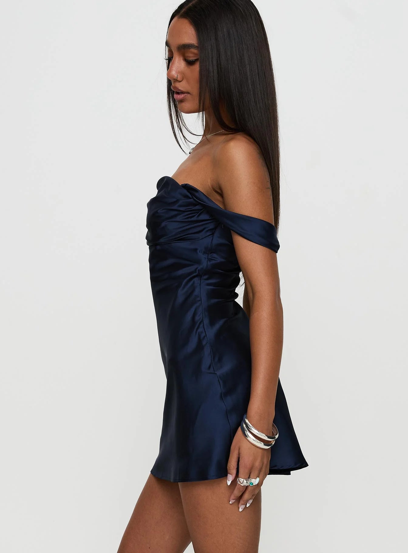 Navy Blue Satin Off-the-Shoulder Bodycon Mini Evening Dresses