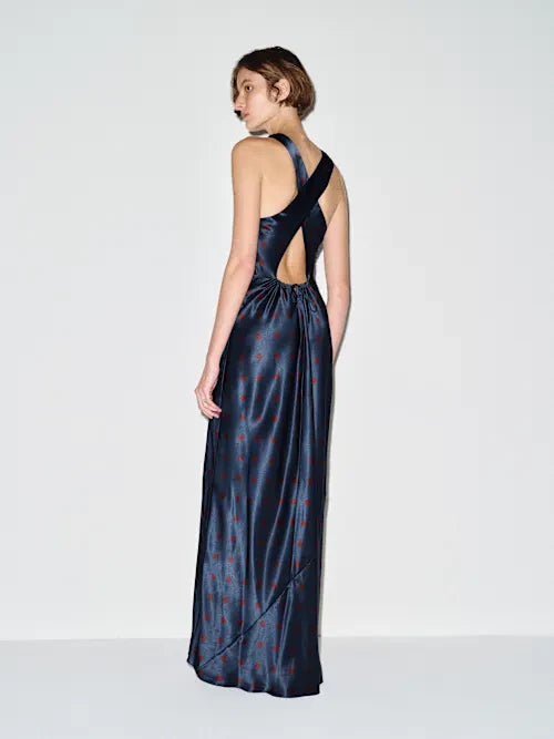 Navy Blue Satin Red Polka Dot Crisscross Open Back Maxi Prom Gown