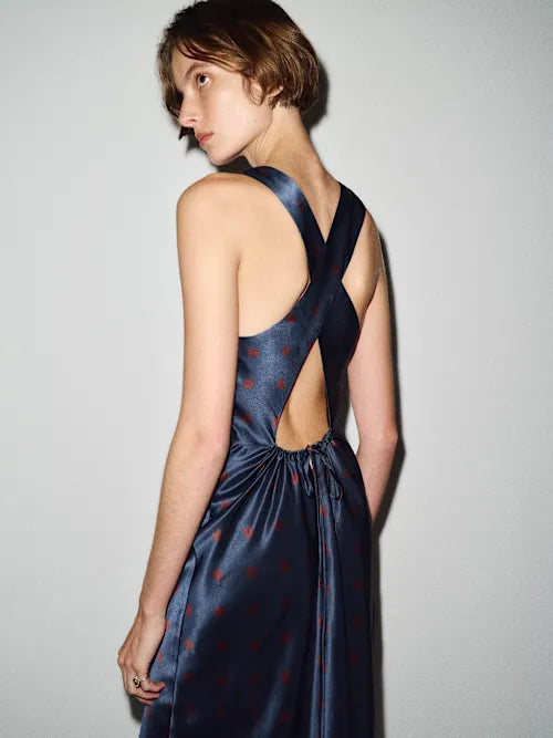 Navy Blue Satin Red Polka Dot Crisscross Open Back Maxi Prom Gown