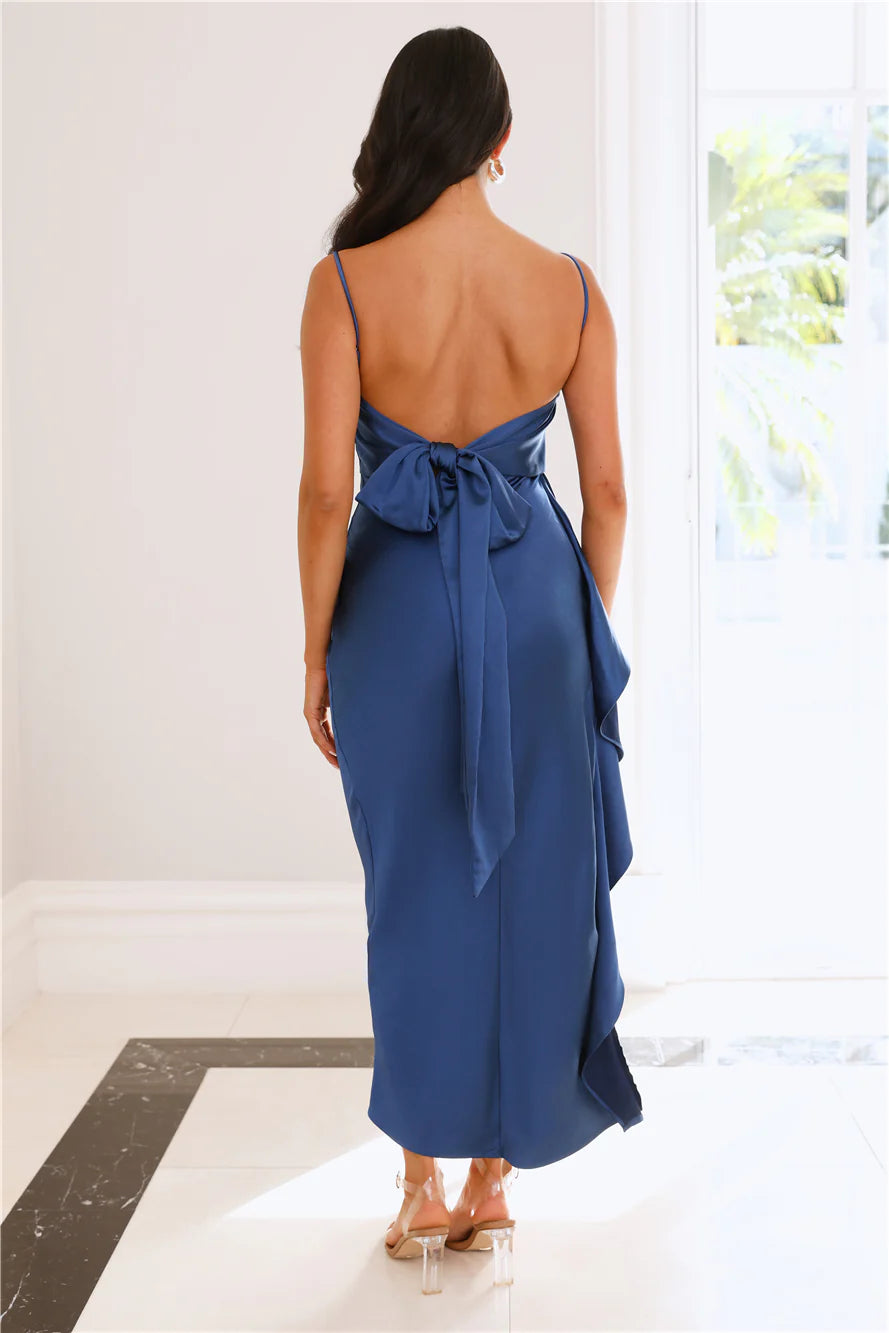 Navy Blue Satin Spaghetti Strap Backless Bow High Slit Ruffle Midi Evening Dresses