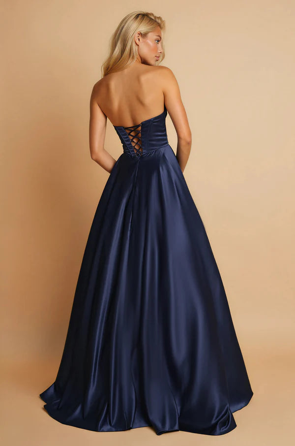 Navy Blue Satin Strapless Corset Ball Gown Evening Dresses