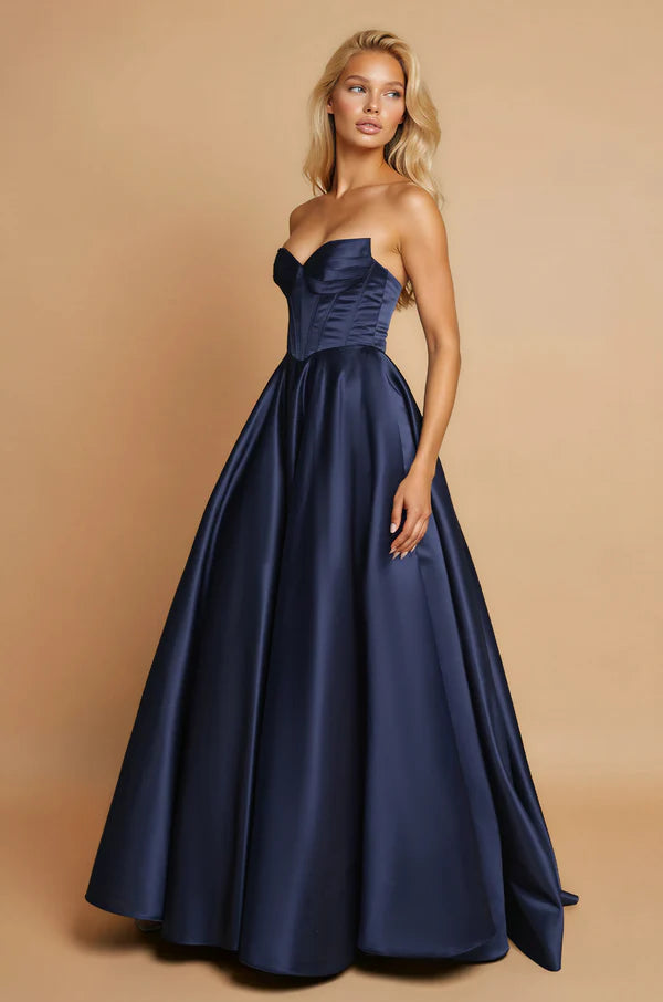 Navy Blue Satin Strapless Corset Lace-Up Back Ball Gown Maxi Evening Dresses