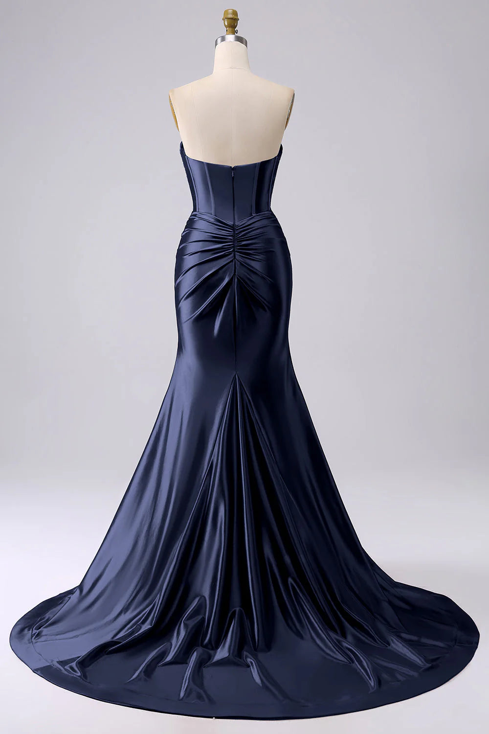 Navy Blue Satin Strapless Mermaid Evening Dresses