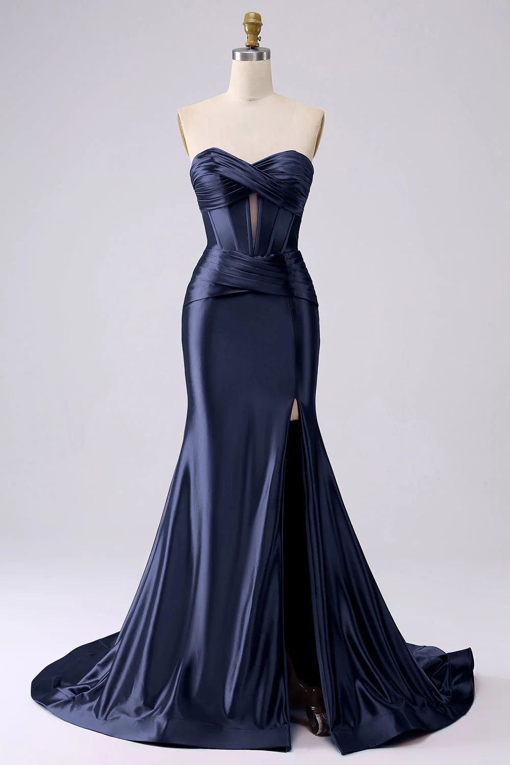 Navy Blue Satin Strapless Mermaid Evening Dresses