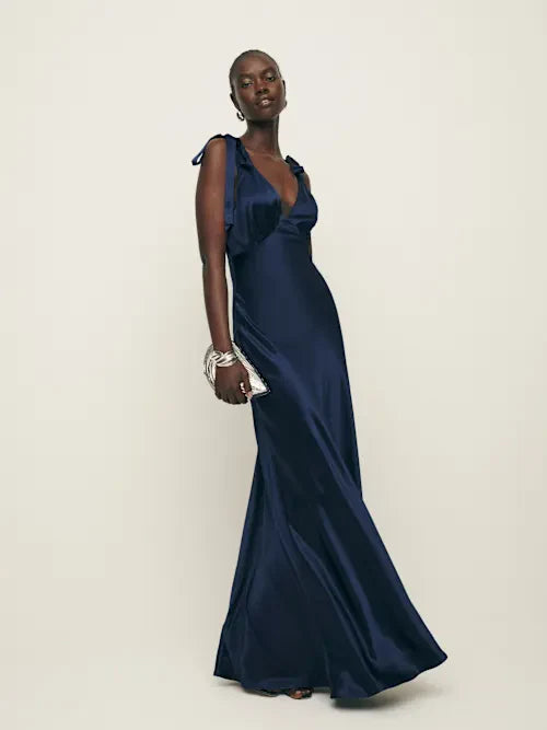 Navy Blue Satin Tie-Strap Deep V-Neck Maxi Prom Dress