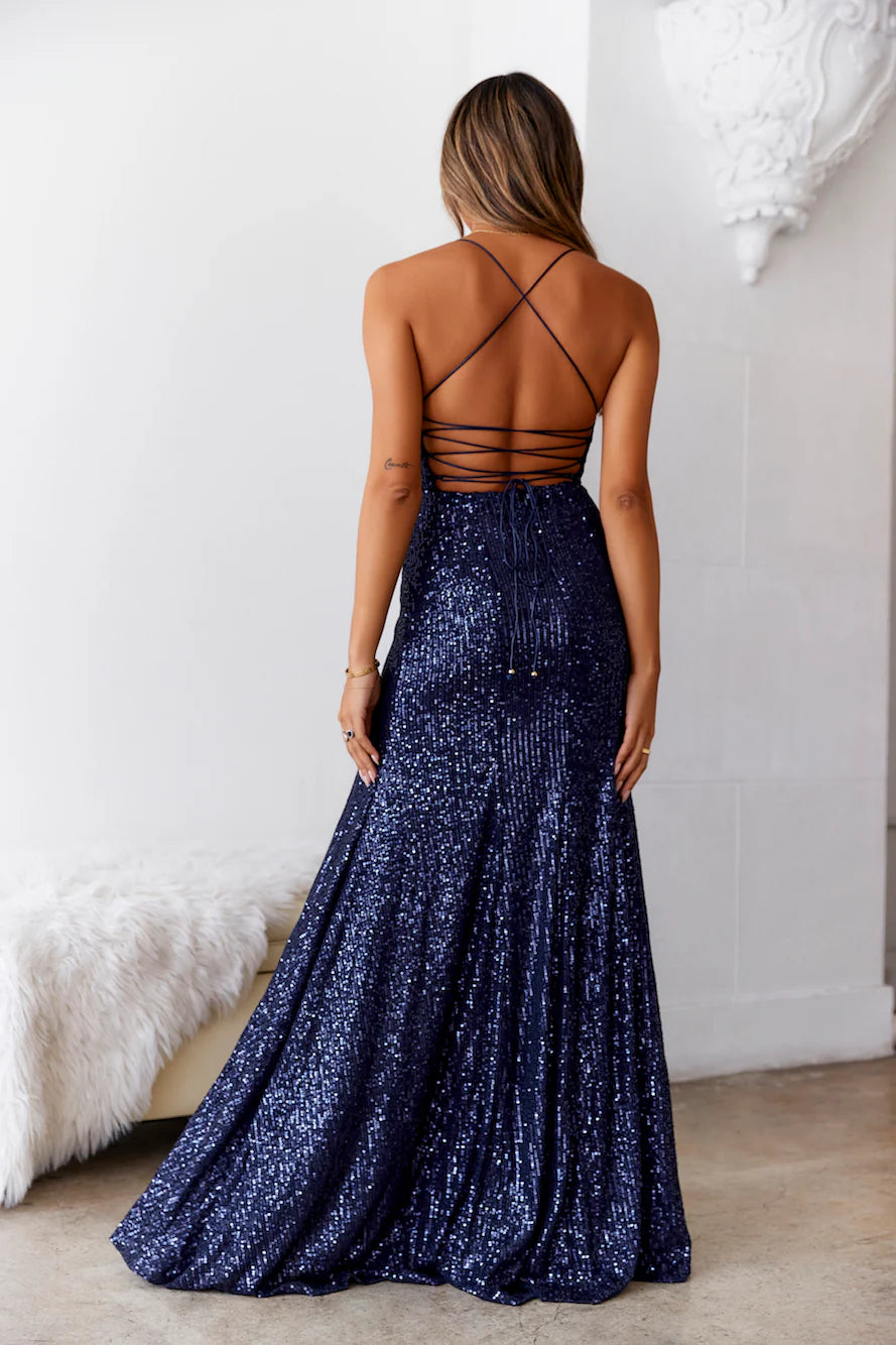 Navy Blue Sequin Lace-Up Back Mermaid Evening Dresses